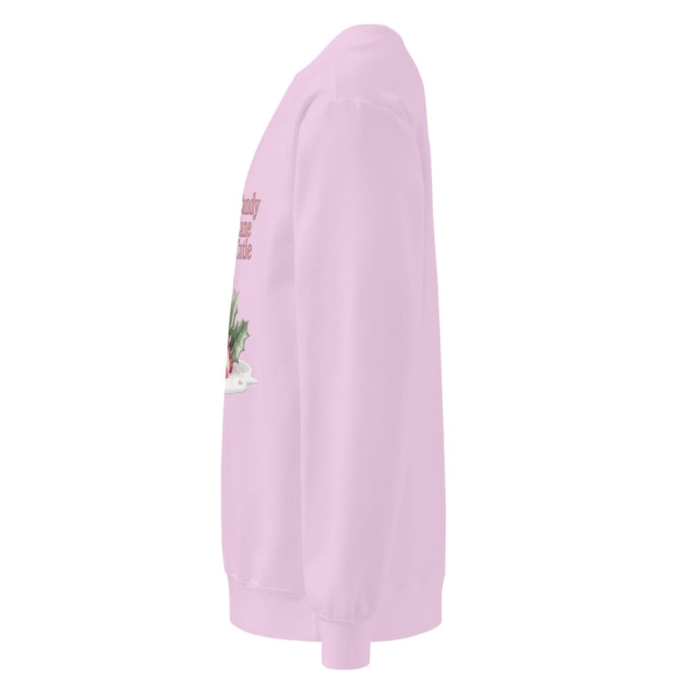 Pink sweatshirt with a graphic design on the sleeve against a white background