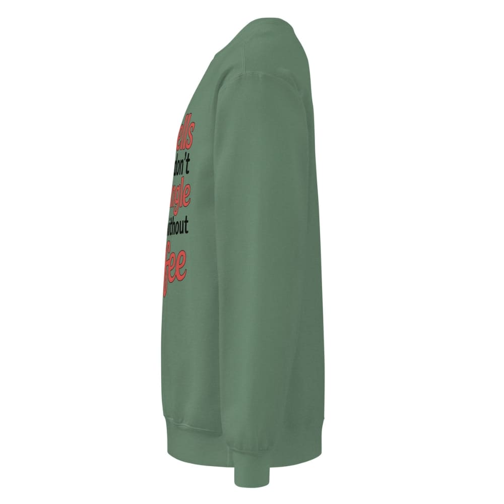 Green sweatshirt with text on the sleeve against a white background