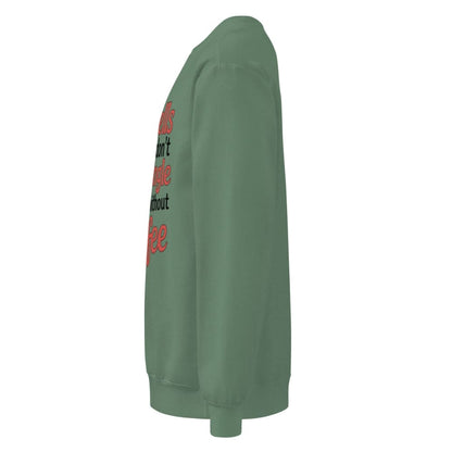 Green sweatshirt with text on the sleeve against a white background