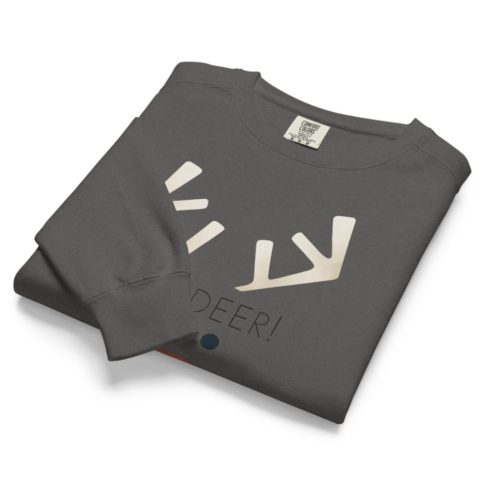 Folded gray sweatshirt with white deer design and 'DEER!' text on a white background