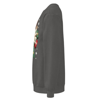 Gray sweatshirt with a colorful graphic on the sleeve against a white background