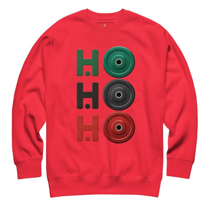 Red sweatshirt with colorful 'HO HO HO' design on a white background