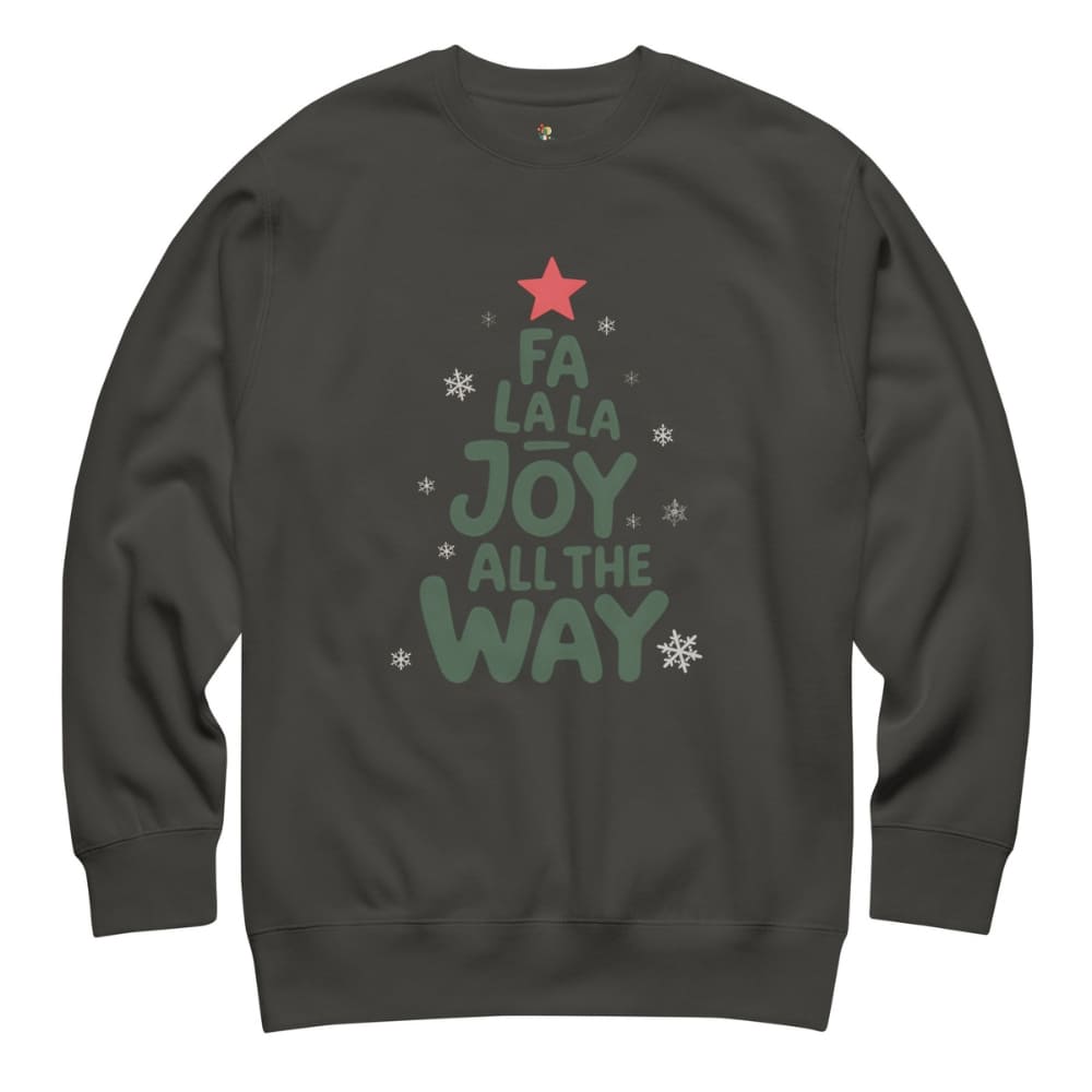 Dark gray sweatshirt with Christmas tree design and text on a white background