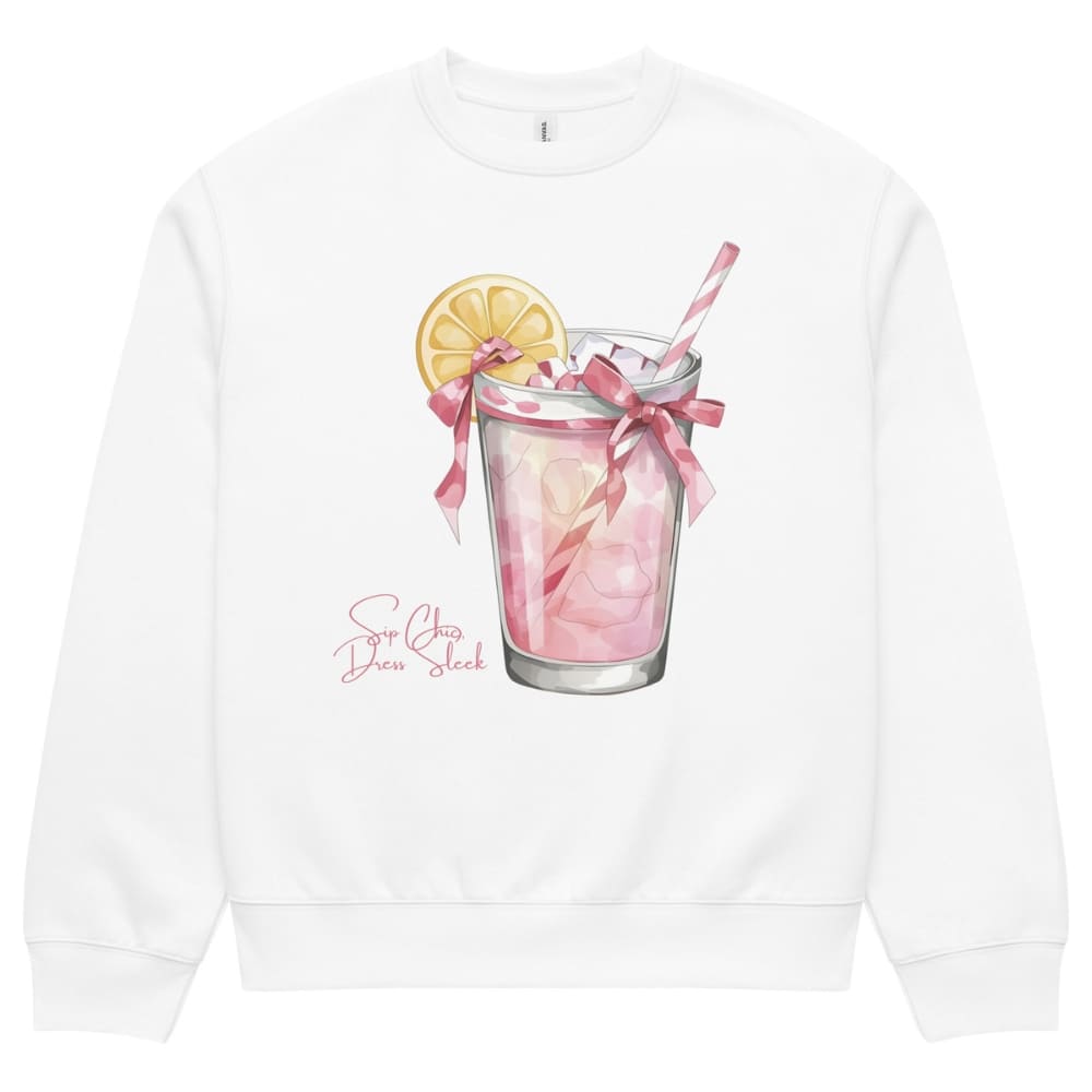 White sweatshirt with a design of a glass of pink lemonade, lemon slice, and straw on a white background.