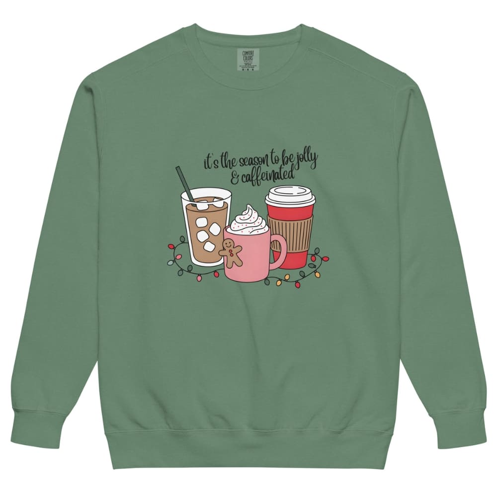Green sweatshirt with coffee-themed design on a white background