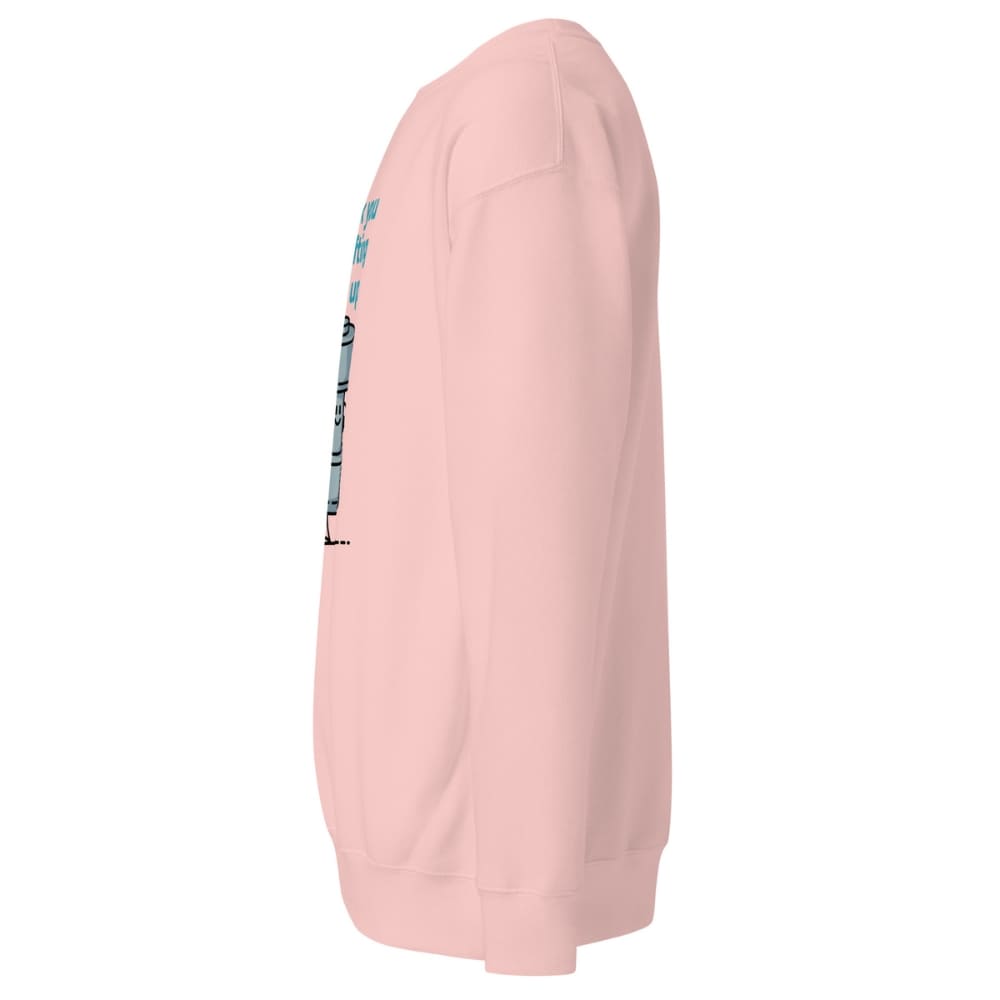 Pink sweatshirt with a small graphic on the sleeve against a white background