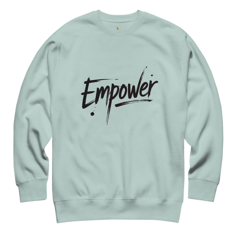 Light blue sweatshirt with 'Empower' text on a white background