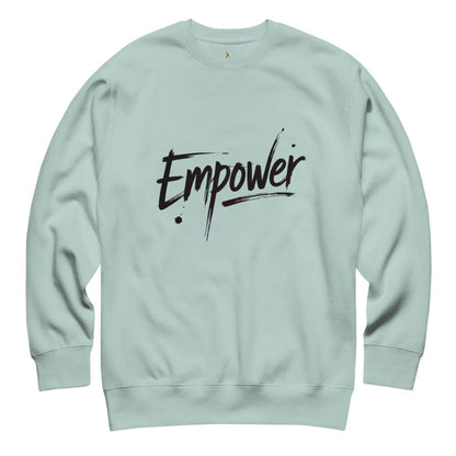 Light blue sweatshirt with 'Empower' text on a white background