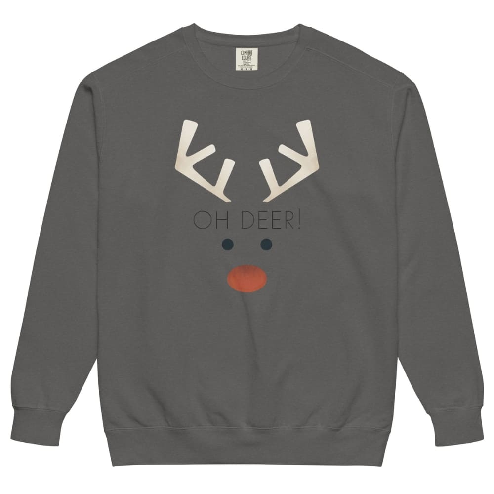 Gray sweatshirt with a reindeer face design and 'OH DEER!' text on a white background