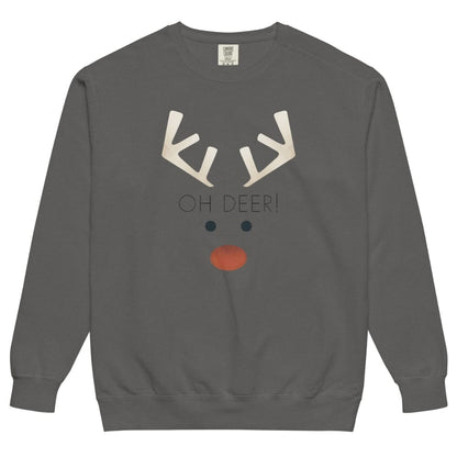 Gray sweatshirt with a reindeer face design and 'OH DEER!' text on a white background