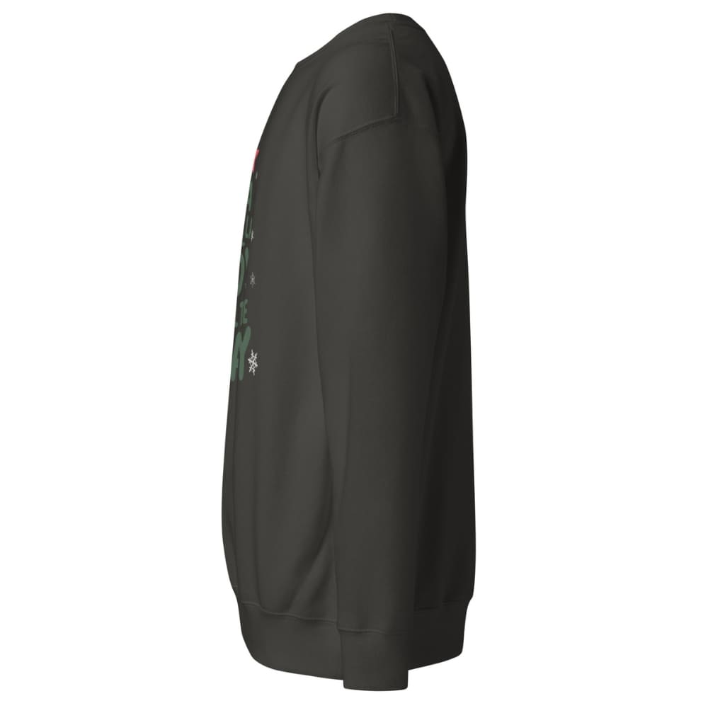 Black sweatshirt with a logo on the sleeve against a white background