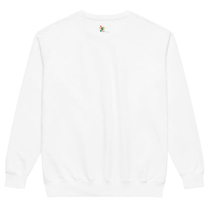White sweatshirt with a small colorful logo on the chest against a white background