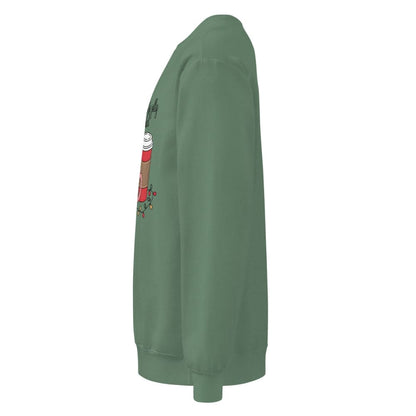 Green sweatshirt with a graphic design on the sleeve against a white background