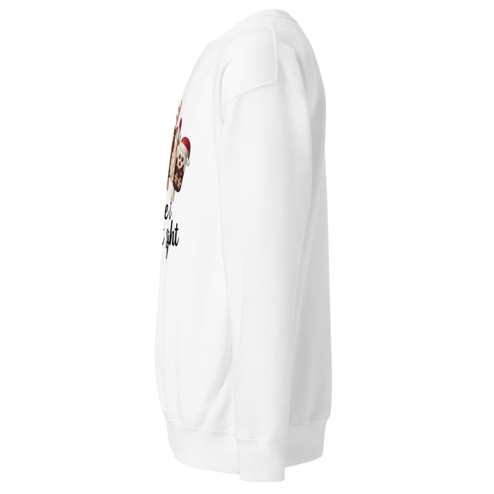 White sweatshirt with a graphic design on the sleeve against a white background