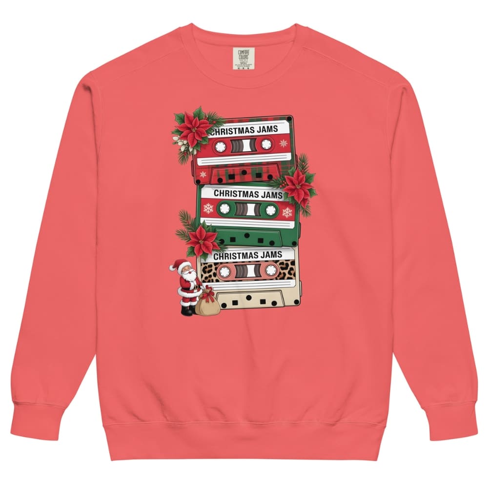Red sweatshirt with Christmas-themed cassette tape design on a white background