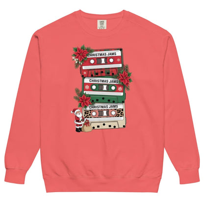Red sweatshirt with Christmas-themed cassette tape design on a white background