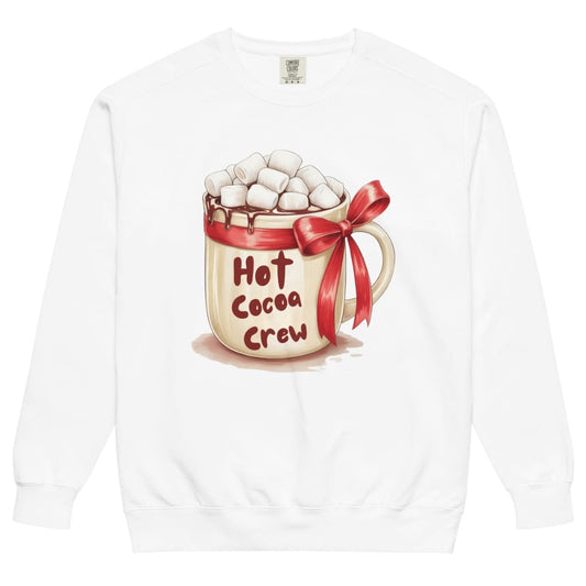 White sweatshirt with a graphic of a hot chocolate mug labeled 'Hot Cocoa Crew' on a white background