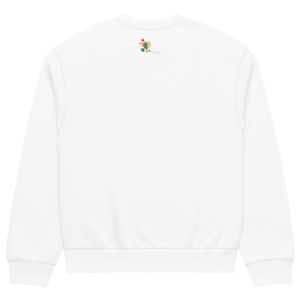 White sweatshirt with a small embroidered logo on a white background