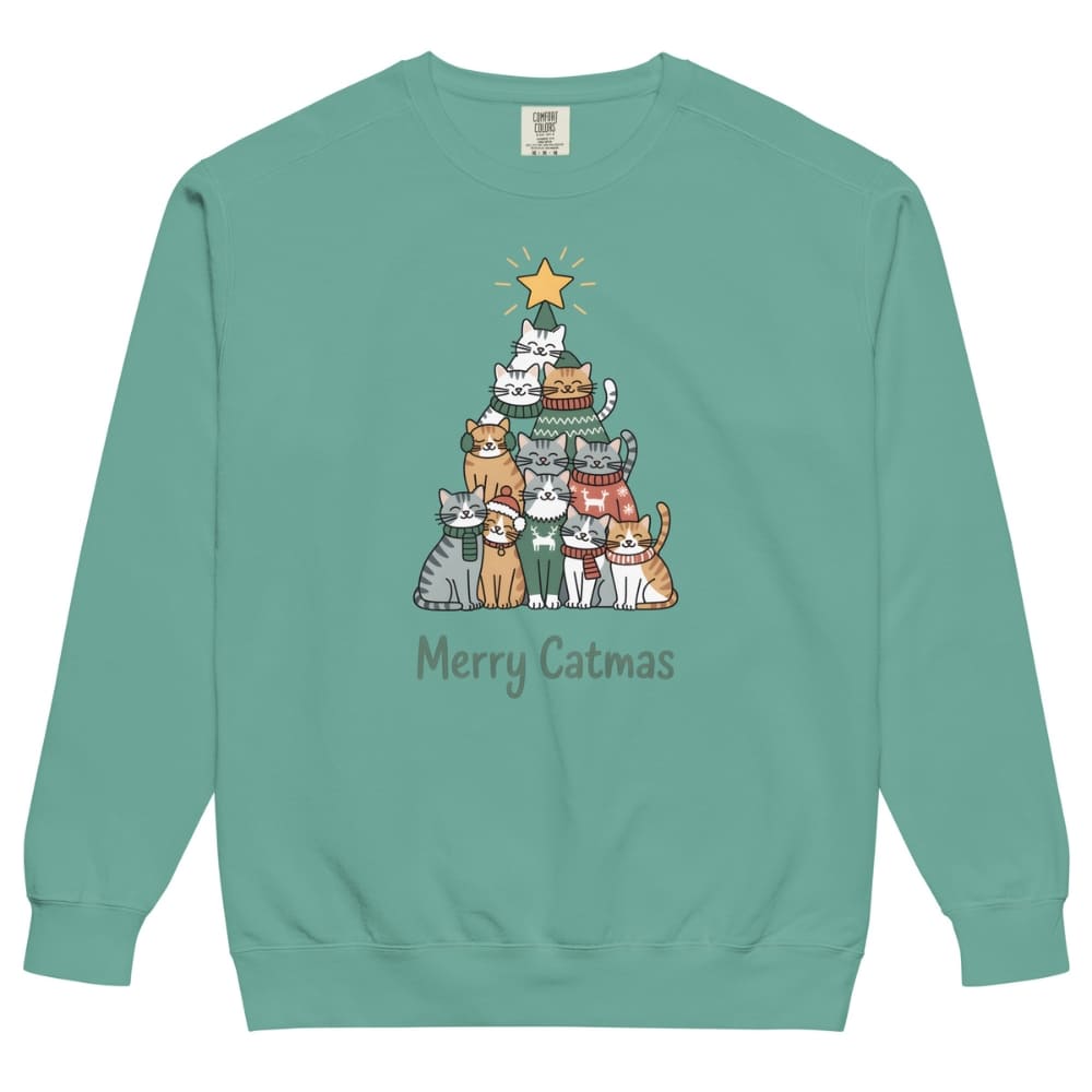 Teal sweatshirt with a Christmas tree design of cats and 'Merry Catmas' text on a white background