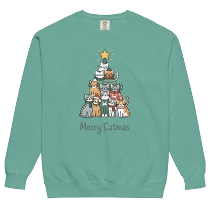 Teal sweatshirt with a Christmas tree design of cats and 'Merry Catmas' text on a white background