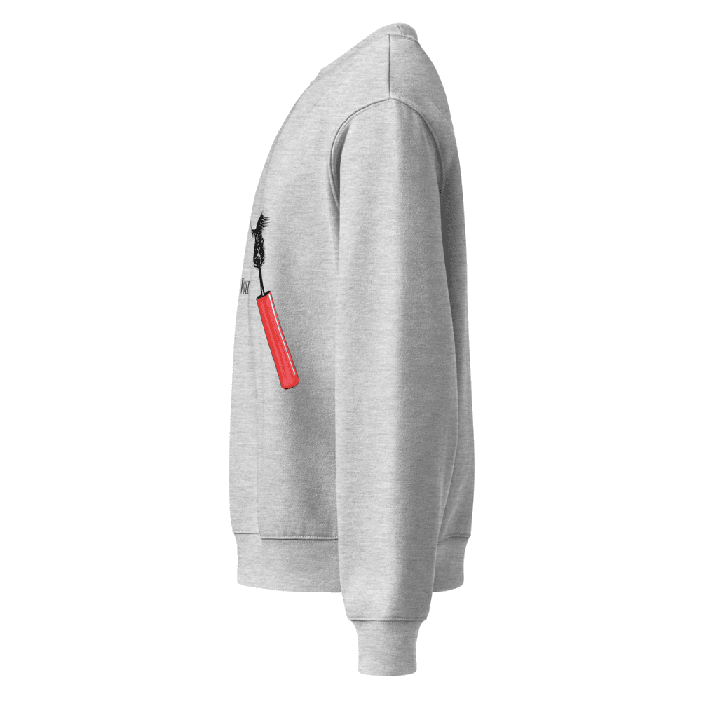 Gray hoodie with a red patch on a white background