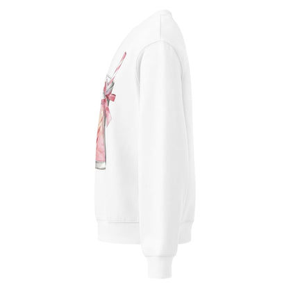 White hoodie with a colorful graphic on the sleeve against a white background