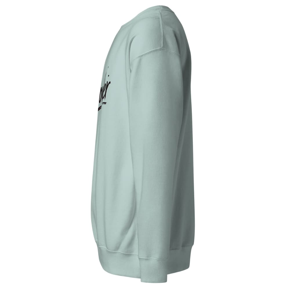 Light blue sweatshirt with a brand logo on the sleeve against a white background