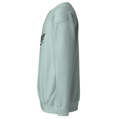 Light blue sweatshirt with a brand logo on the sleeve against a white background