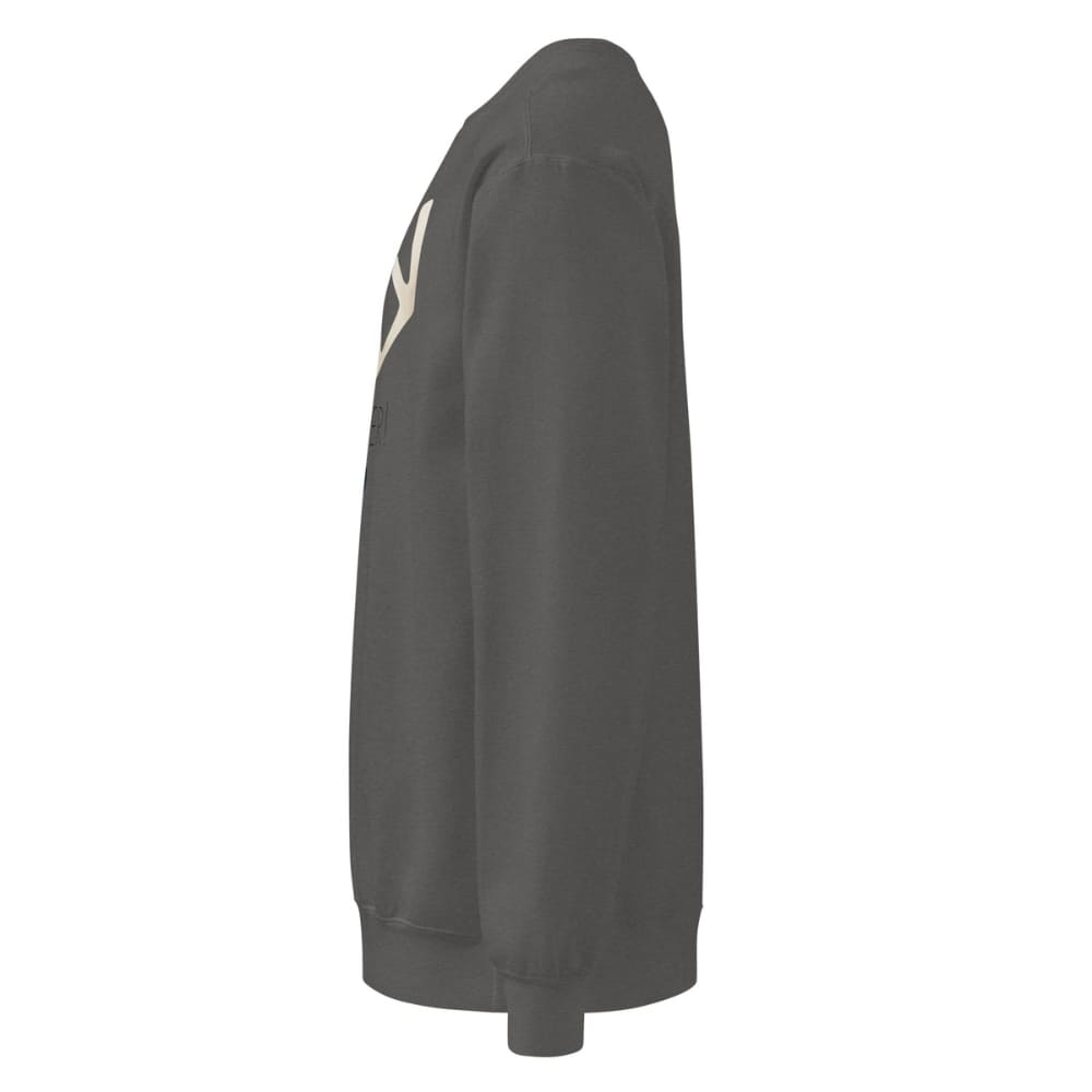 Dark gray sweatshirt with a logo on the sleeve against a white background