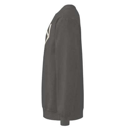 Dark gray sweatshirt with a logo on the sleeve against a white background