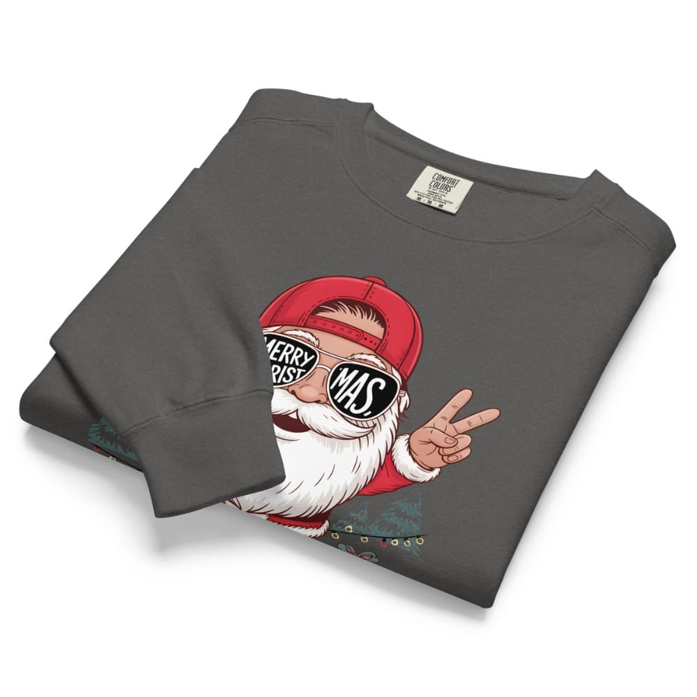 Folded gray sweatshirt with a graphic of a Santa Claus-like character on a white background