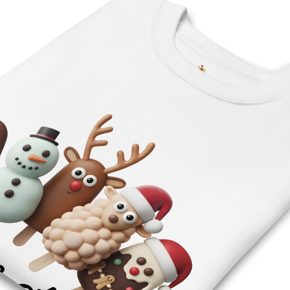 White t-shirt with Christmas-themed decorations including a reindeer, snowman, and sheep on a white background.