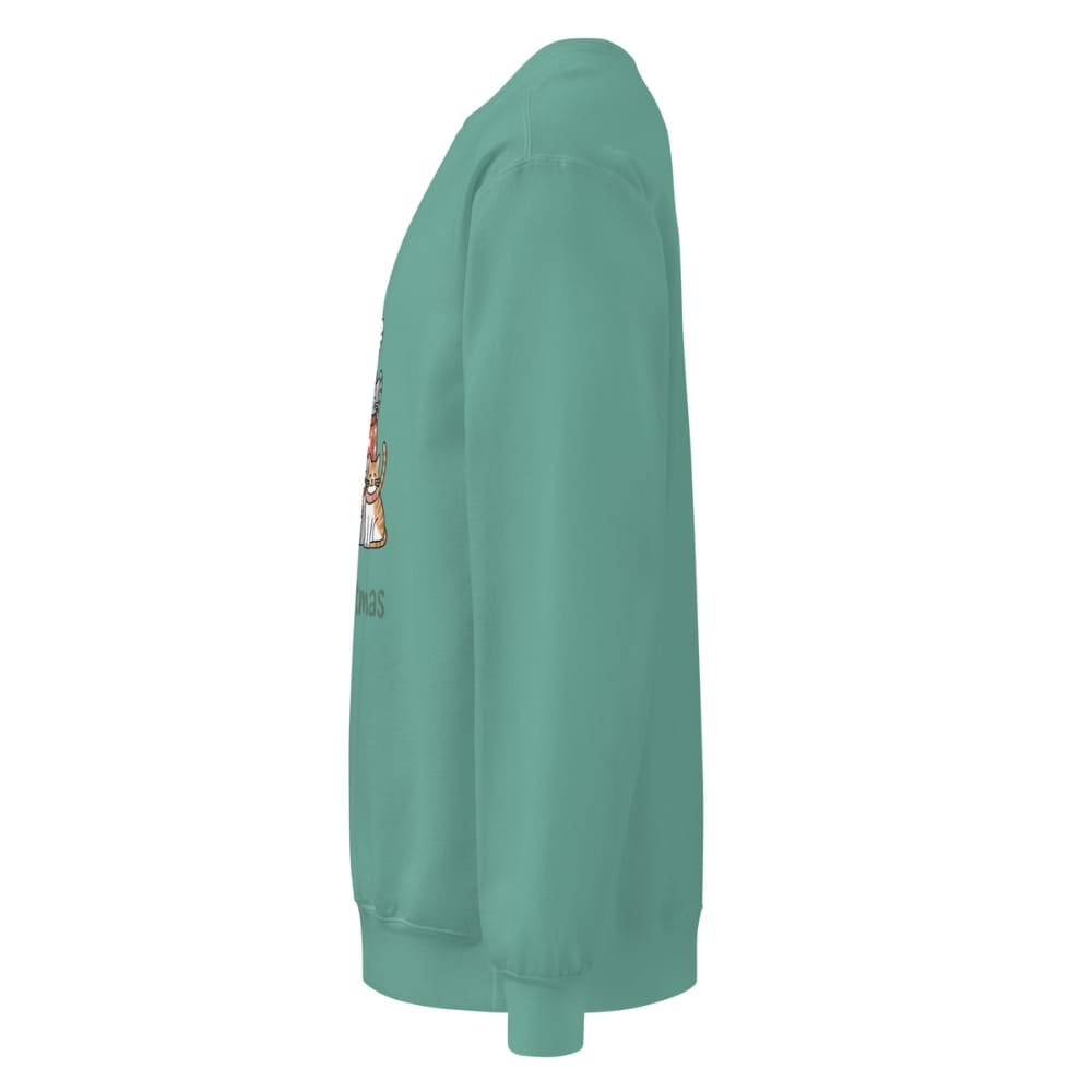 Green sweatshirt with a small graphic on the sleeve against a white background