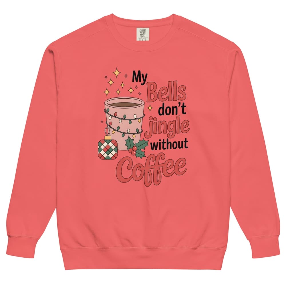 Coral sweatshirt with a coffee-themed graphic and text on a white background