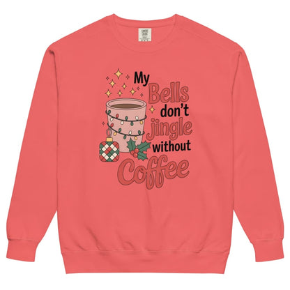Coral sweatshirt with a coffee-themed graphic and text on a white background