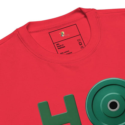 Red t-shirt with green 'HO' design and brand label on a white background