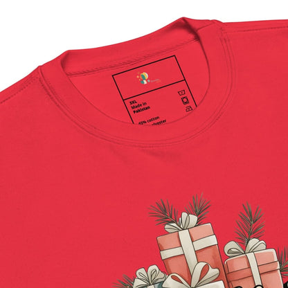 Red t-shirt with Christmas gift design and brand label on a white background