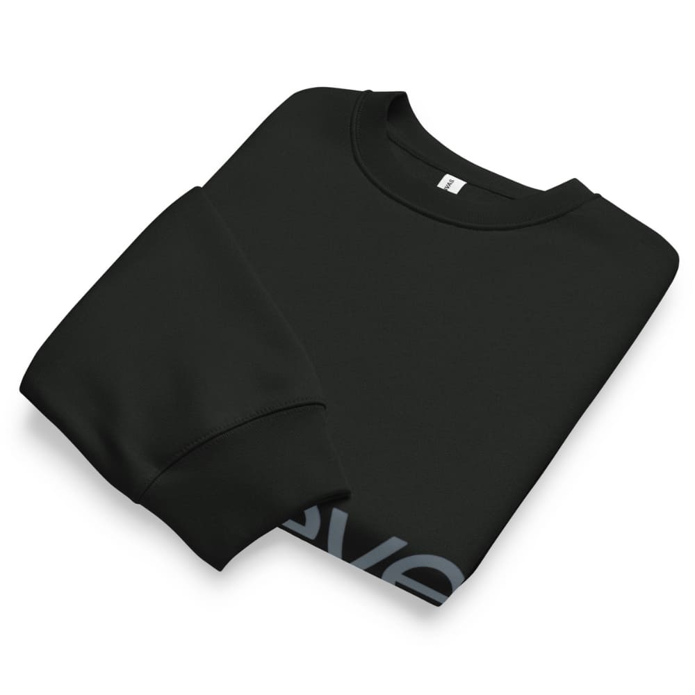 Folded black sweatshirt with a brand logo on a white background