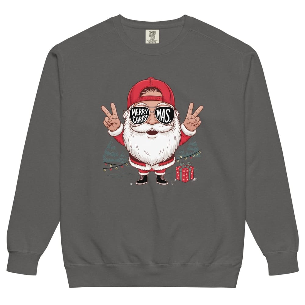 Gray sweatshirt with a cartoon Santa Claus design on a white background