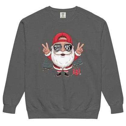 Gray sweatshirt with a cartoon Santa Claus design on a white background