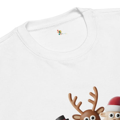 White shirt with a reindeer and Santa Claus design on a white background
