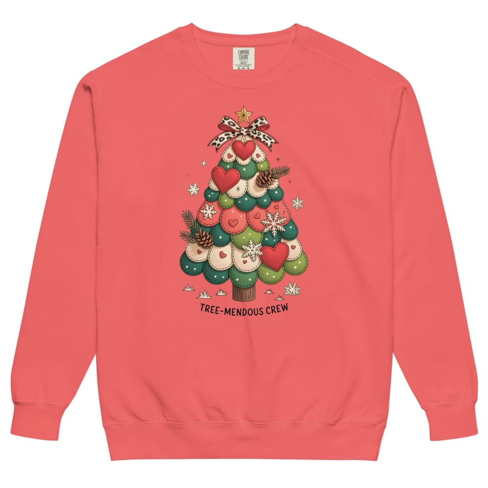 Red sweatshirt with a Christmas tree design and text on a white background