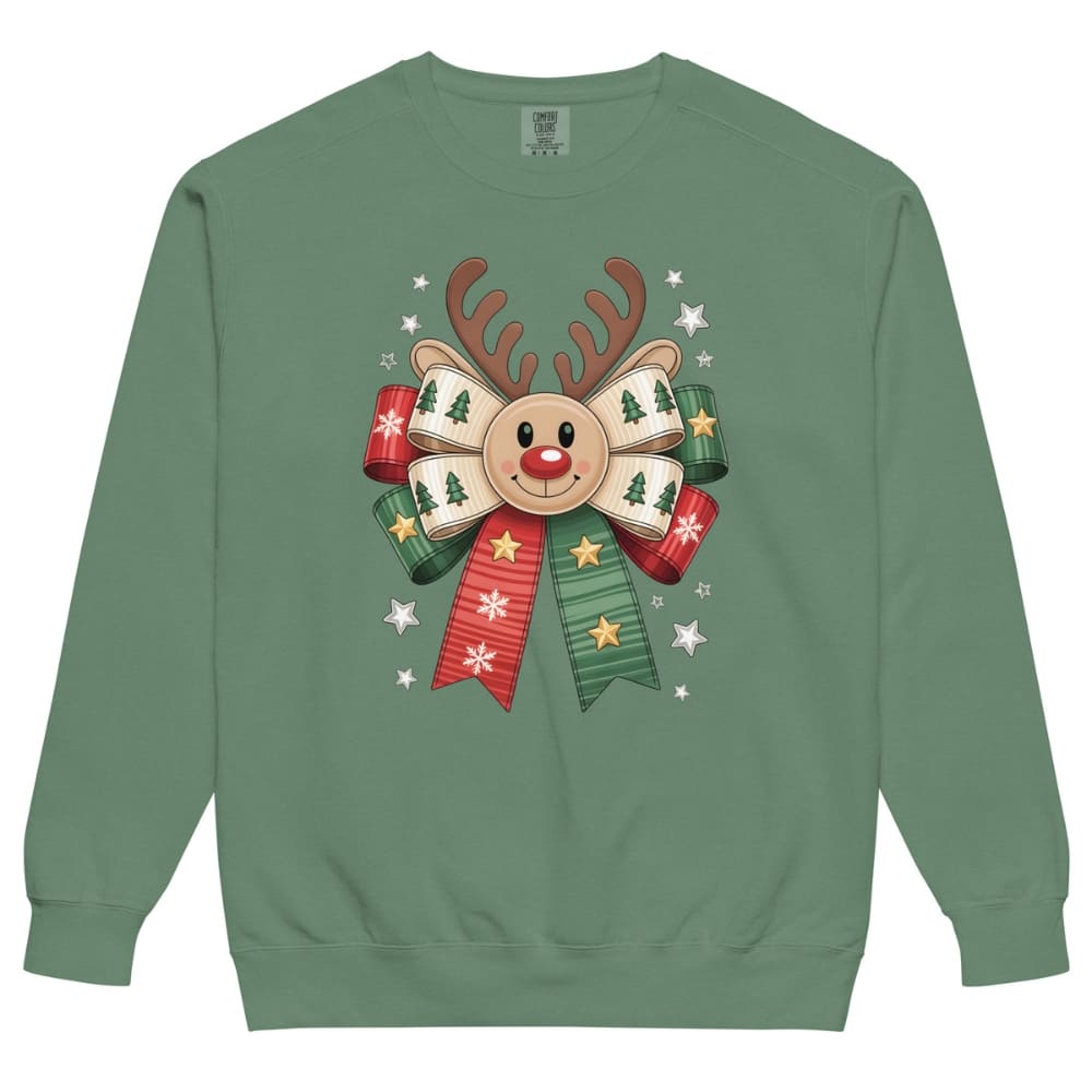 Green sweatshirt with a reindeer and bow design on a white background