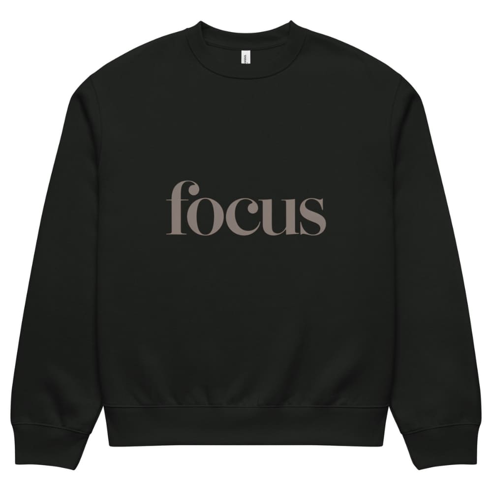 Black sweatshirt with 'focus' text on a white background
