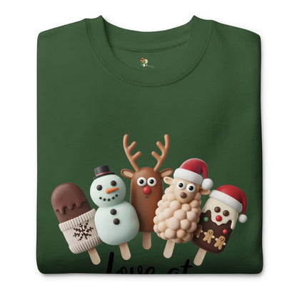 Green t-shirt with Christmas-themed ice cream cone characters on a white background