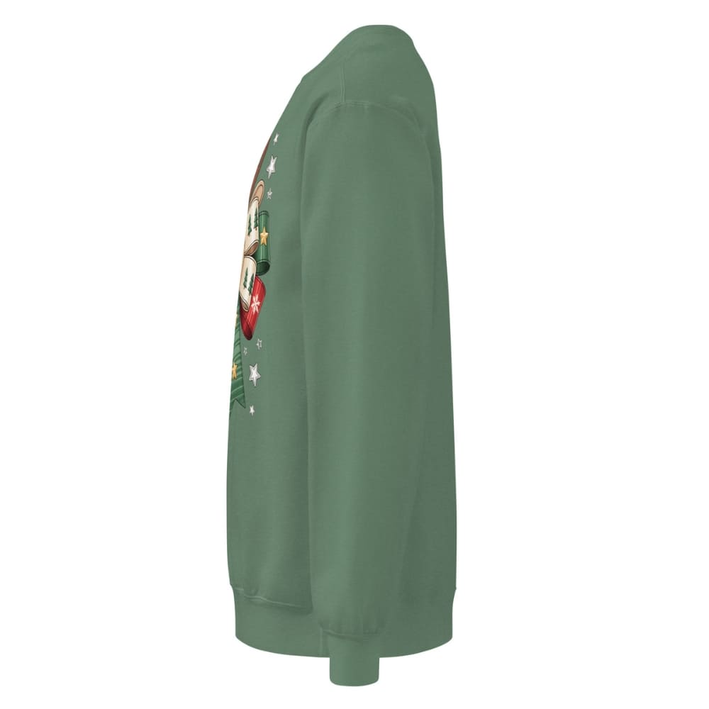 Green sweatshirt with a graphic design on the sleeve against a white background