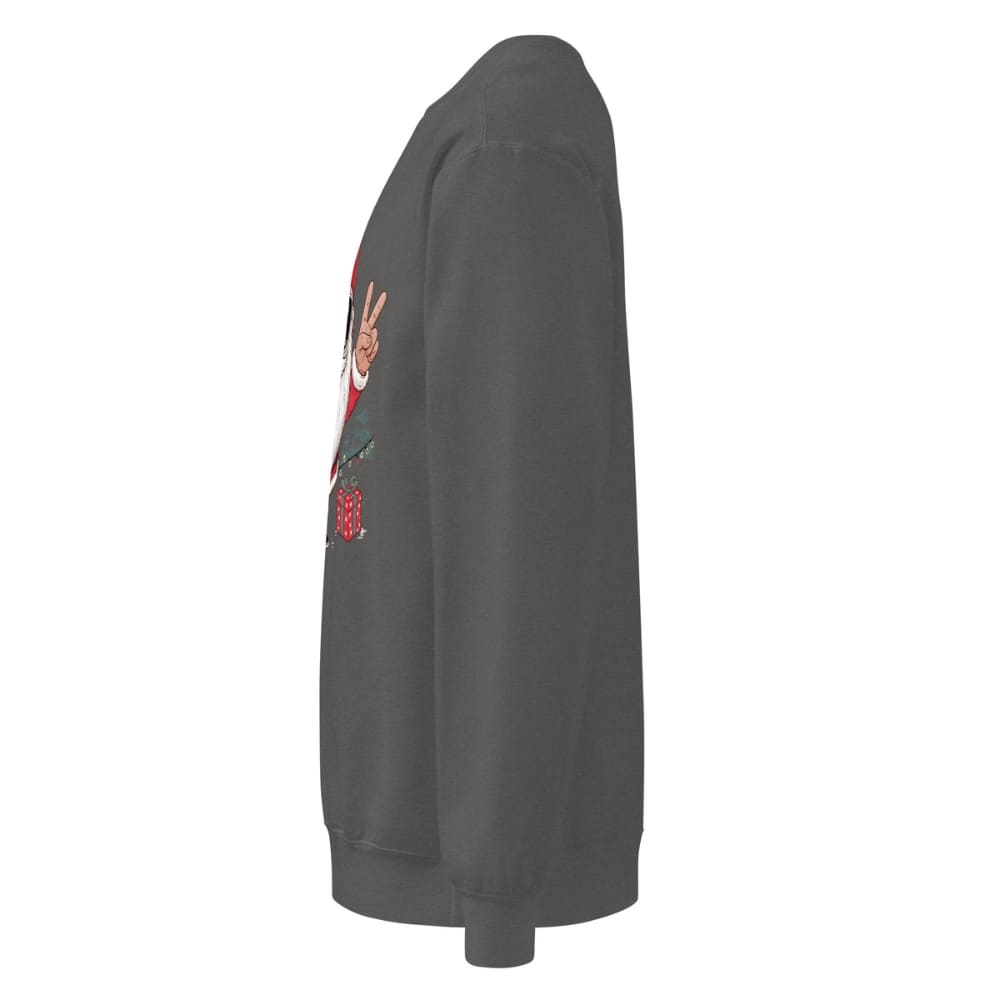 Dark gray sweatshirt with colorful graphic on a white background