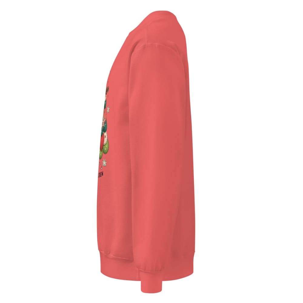 Red sweatshirt with a graphic design on the sleeve against a white background