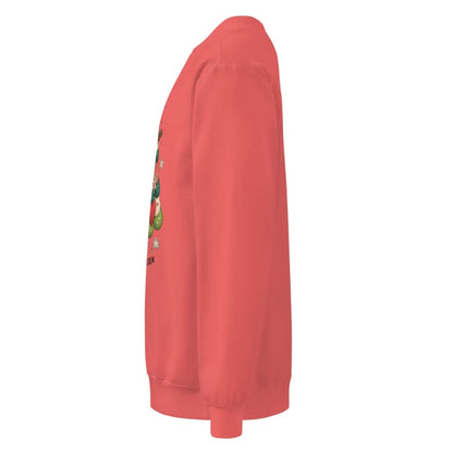 Red sweatshirt with a graphic design on the sleeve against a white background