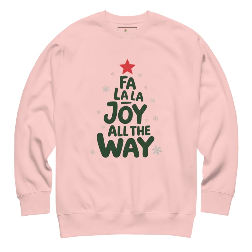 Pink sweatshirt with Christmas-themed text and graphics on a white background
